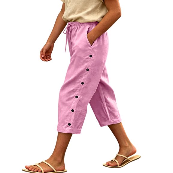 Posijego Girls Linen Capri Pants Wide Leg Drawstring High Waisted Side Buttons Summer Causal Cropped Trousers with Pockets