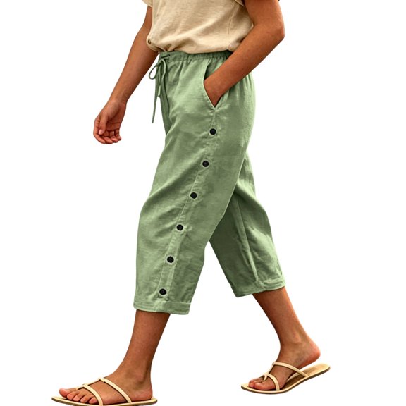 Posijego Girls Linen Capri Pants Wide Leg Drawstring High Waisted Side Buttons Summer Causal Cropped Trousers with Pockets