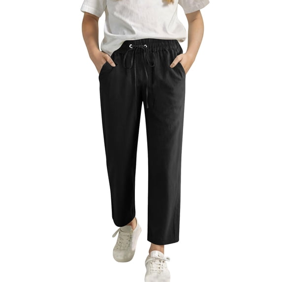 Posijego Girls Linen Pants Solid Color Lightweight Drawstring Elastic Waist Straight Leg Pants Summer Casual with Pockets