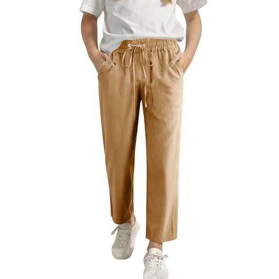 Posijego Girls Linen Pants Solid Color Lightweight Drawstring Elastic Waist Straight Leg Pants Summer Casual with Pockets