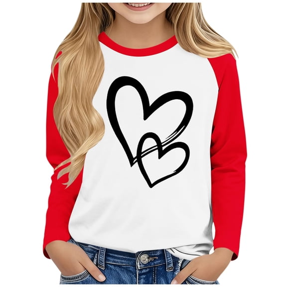 Posijego Girls Long Sleeve Shirts Heart Graphic Valentines Day Shirt Boys Crewneck Basic Tee Tops Spring Clothes