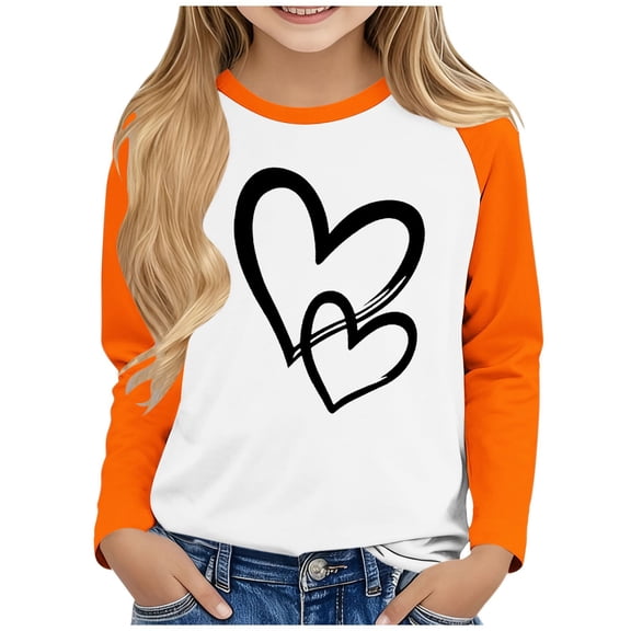 Posijego Girls Long Sleeve Shirts Heart Graphic Valentines Day Shirt Boys Crewneck Basic Tee Tops Spring Clothes