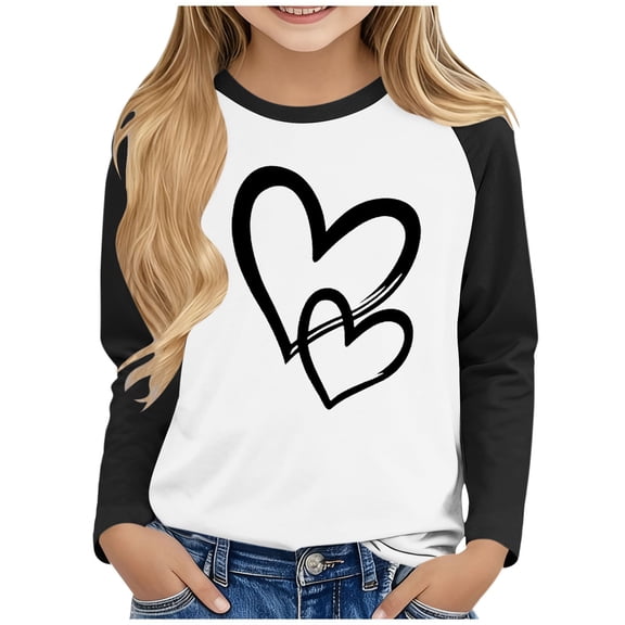 Posijego Girls Long Sleeve Shirts Heart Graphic Valentines Day Shirt Boys Crewneck Basic Tee Tops Spring Clothes