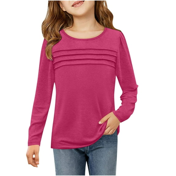 Posijego Girls Long Sleeve Shirts Pleated Front Crew Neck Tee for Little Girls Spring Pullover Blouses Tops