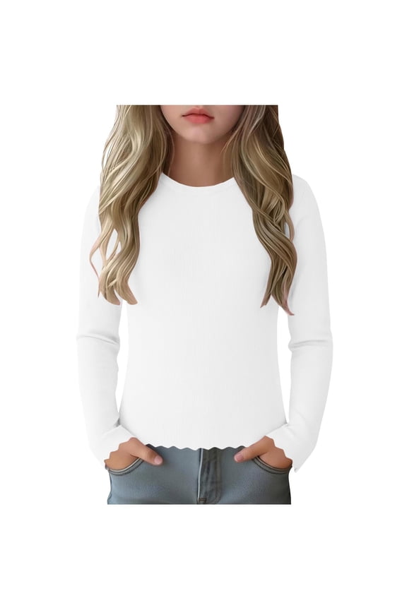 Girls Long Sleeve Shirts Ribbed Knit Casual T-Shirts Soft Slim Stretch Basic Tee Spring Tops for Big Girls