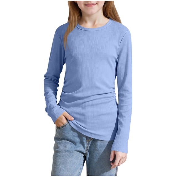 Posijego Girls Long Sleeve Shirts Ribbed Knit Ruched Slim Basic Tee Shirts Stretch Casual T-Shirts Plain Tops