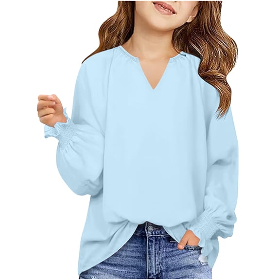 Posijego Girls Long Sleeve Shirts V Neck Dressy Casual Blouse Ruffled Trim Basic T-Shirt Tops 6-16T Little Girl