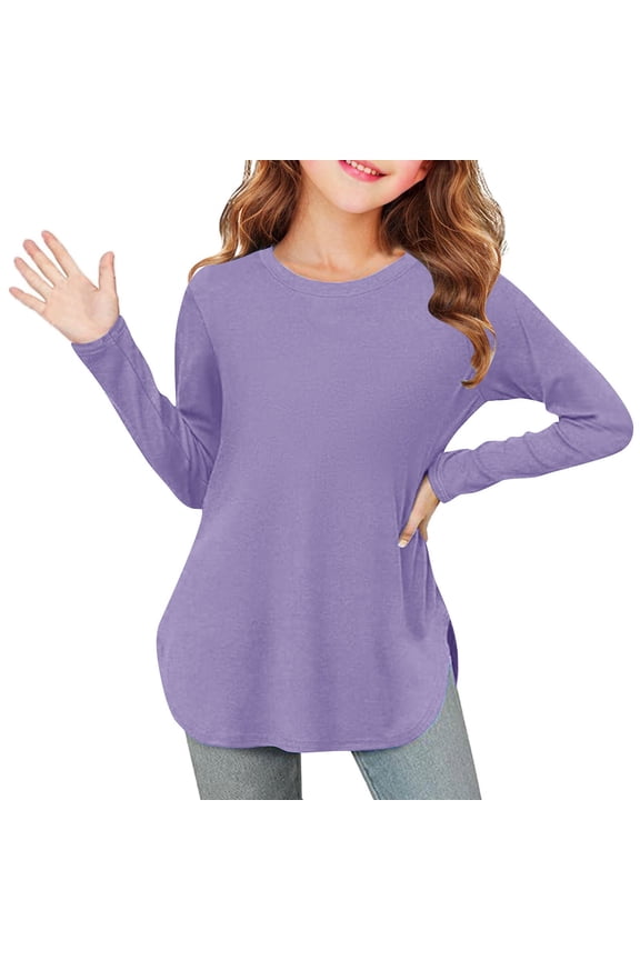 Girls Long Sleeve Shirts for Little Girls Side Split Soft Tunic Tops Plain Basic Tees 3-12 Years
