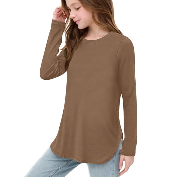 Posijego Girls Long Sleeve Shirts for Little Girls Side Split Soft Tunic Tops Plain Basic Tees 3-12 Years