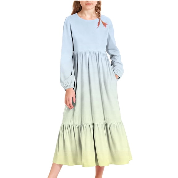 Posijego Girls Maxi Dress Fall Long Sleeve Crew Neck Tiered Dress Flowy Casual Spring Dresses with Pockets