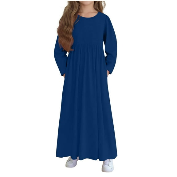 Posijego Girls Maxi Dress with Pockets Big Girls Crew Neck Long Sleeve Spring Casual Solid Color Dresses