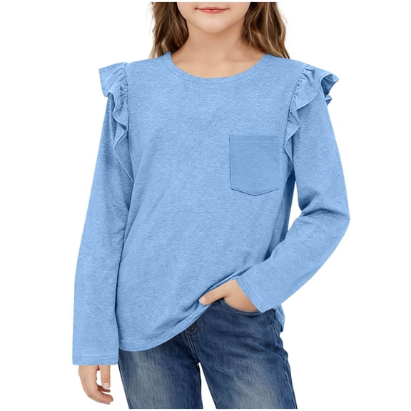 Posijego Girls Pocket T-Shirts Ruffle Long Sleeve Blouses Basic Casual Crew Neck Solid Color Shirts Blouses for Big Girls