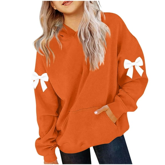 Posijego Girls Pullover Hoodies Bow Print Long Sleeve Cute Sweatshirts with Pocket Kids Girls Hooded Tops