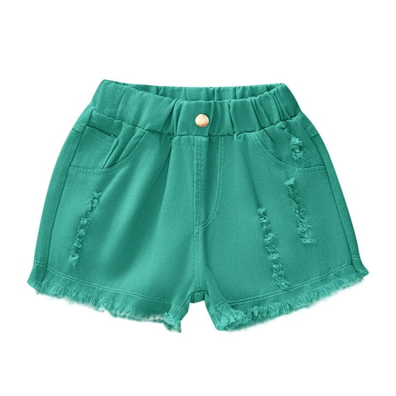 Posijego Girls' Ripped Jean Shorts High Elastic Waist Denim Shorts Solid Color Straight Leg Short Jeans with Pockets