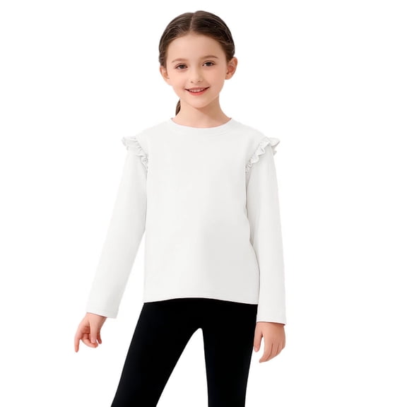 Posijego Girls Ruffle Long Sleeve Blouses Cotton T-Shirts Kids Crew Neck Solid Color Casual Plain Basic Shirts
