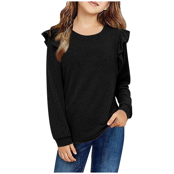 Posijego Girls Ruffle Long Sleeve Shirt Round Neck T-Shirts for Girls Size 4-12 Years Little Girls Spring Clothes