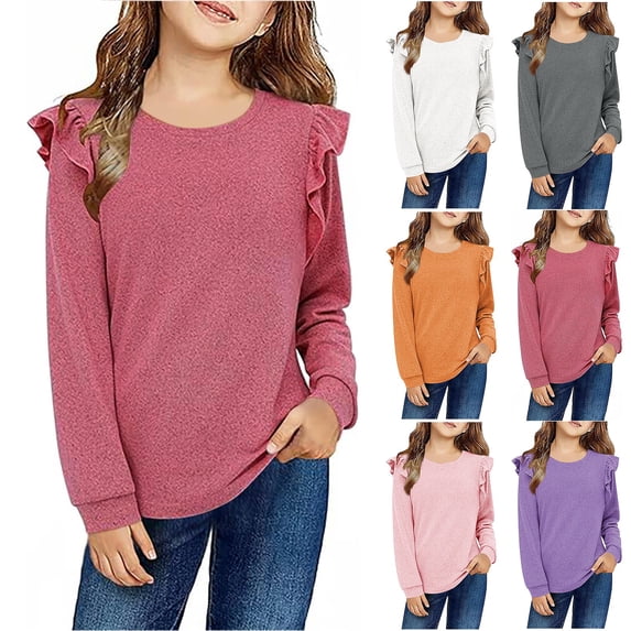 Posijego Girls Ruffle Long Sleeve Shirt Round Neck T-Shirts for Girls Size 4-12 Years Little Girls Spring Clothes