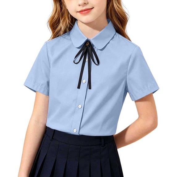 Posijego Girls School Uniform Shirts Button down Shirts Collar Shirts Short Sleeve Uniforms Formal Cotton Dress Collared Tops