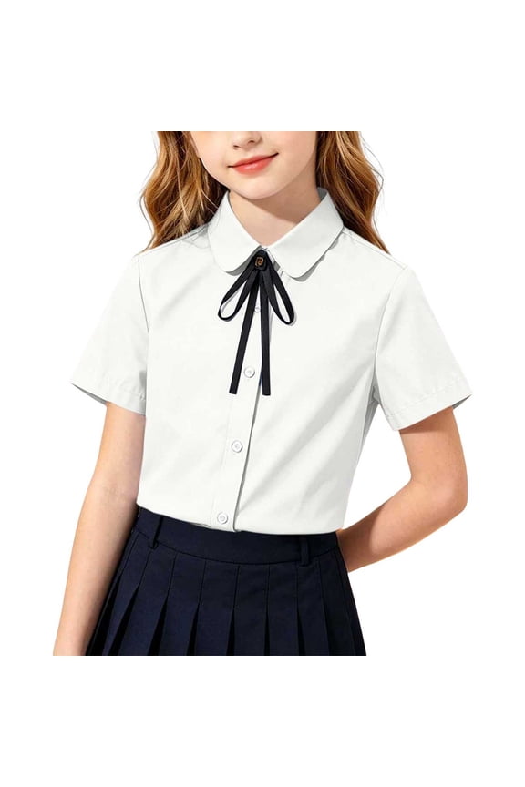 Girls School Uniform Shirts Button down Shirts Collar Shirts Short Sleeve Uniforms Formal Cotton Dress Collared Tops