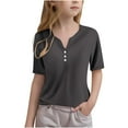 thumbnail image 1 of Posijego Girls Short Sleeve Shirts Button V Neck Casual School Dressy Tunic Tops Blouses Teens Summer Tees, 1 of 5