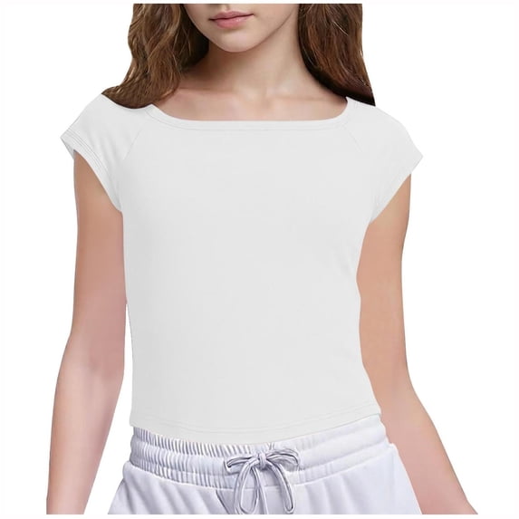 Posijego Girls Short Sleeve Tops Summer Crop Tops Square Neck Slim Going out Basic Tee Shirts for Little Girls