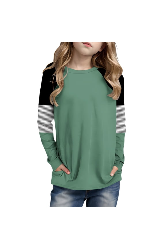Girls Striped Long Sleeve Shirts Kids Round Neck Color Block Tunic Tops Spring T-Shirts Size 4-14 Years