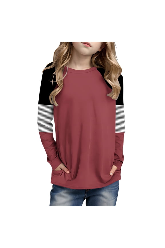 Girls Striped Long Sleeve Shirts Kids Round Neck Color Block Tunic Tops Spring T-Shirts Size 4-14 Years