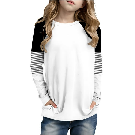 Posijego Girls Striped Long Sleeve Shirts Kids Round Neck Color Block Tunic Tops Spring T-Shirts Size 4-14 Years