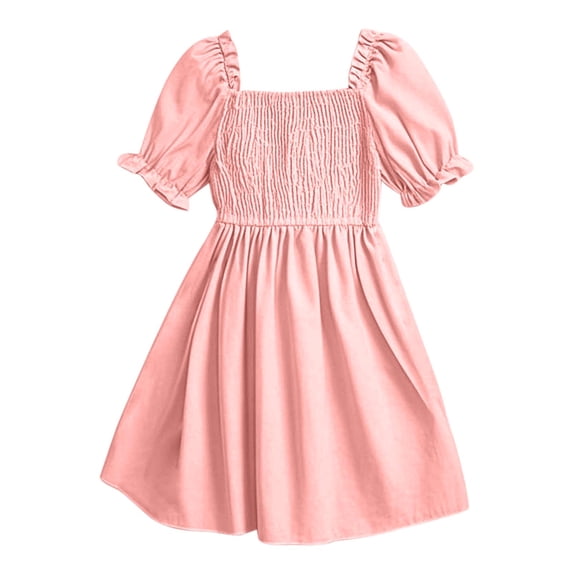 Posijego Girls Summer Dress Puff Short Sleeve Elastic Smocked Waist Casual Mini Dress Beach Sundress for Girls