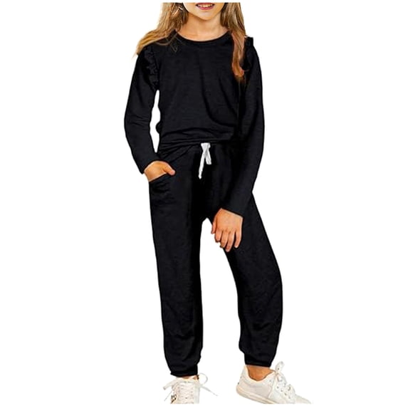 Posijego Girls Sweatsuit Outfits Two Piece Ruffle Long Sleeve Shirt and Jogger Pants Set for Little Girls Kids