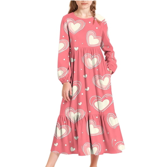 Posijego Girls Valentines Day Dresses 4-15 Years Heart Print Maxi Dress Spring Fall Long Sleeve Tiered Dress for Girls