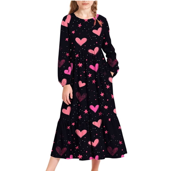 Posijego Girls Valentines Day Dresses 4-15 Years Heart Print Maxi Dress Spring Fall Long Sleeve Tiered Dress for Girls