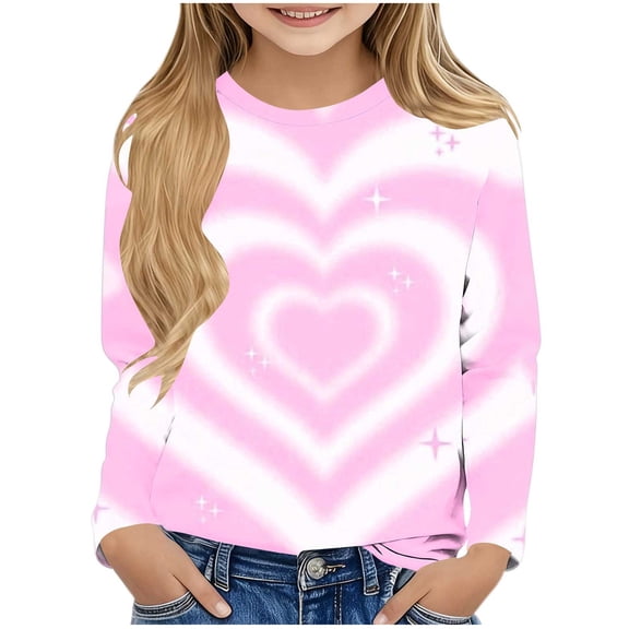 Posijego Girls Valentines Day Shirts Little Girls Heart Graphic T-Shirts Casual Long Sleeve Basic Tee Cute Tops 3-14 Years