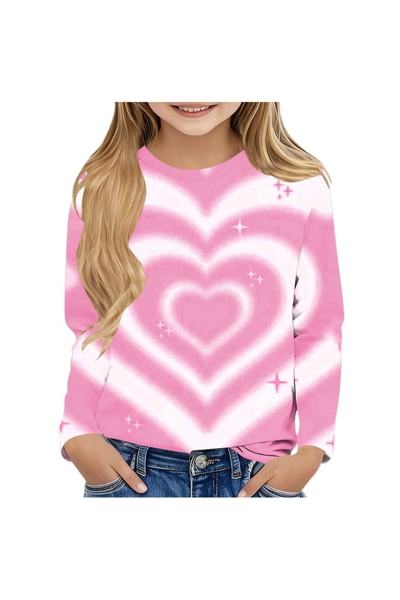 Girls Valentines Day Shirts Little Girls Heart Graphic T-Shirts Casual Long Sleeve Basic Tee Cute Tops 3-14 Years
