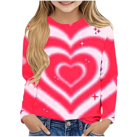 Posijego Girls Valentines Day Shirts Little Girls Heart Graphic T-Shirts Casual Long Sleeve Basic Tee Cute Tops 3-14 Years