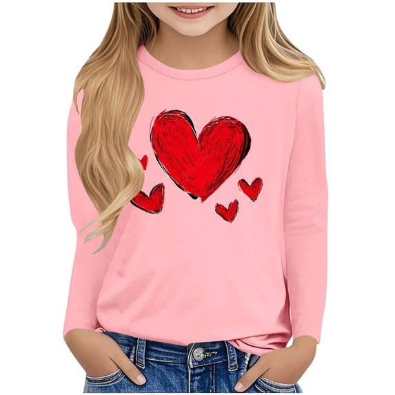 Posijego Girls Valentines Day Shirts for Little Girls Long Sleeve Heart Print Spring T-Shirts Basic Undershirts