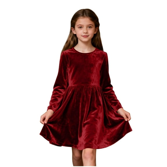 Posijego Girls Velvet Long Sleeve Dress Solid Color Vintage Velour Party Christmas Evening Flowy Dresses for Girls