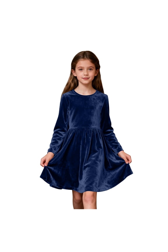 Girls Velvet Long Sleeve Dress Solid Color Vintage Velour Party Christmas Evening Flowy Dresses for Girls