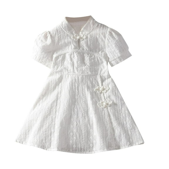Posijego Girls White Dress Cotton Puff Short Sleeve A-Line Dresses Toddler Girls Summer Casual Sundresses