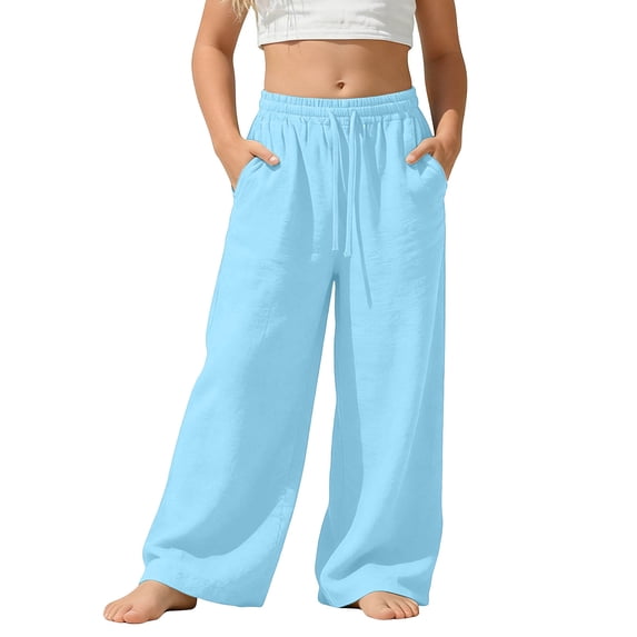 Posijego Girls Wide Leg Pants School Uniform Dress Pants Summer High Waisted Drawstring Kids Causal Trousers with Pockets