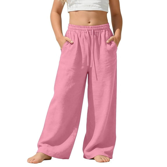 Posijego Girls Wide Leg Pants School Uniform Dress Pants Summer High Waisted Drawstring Kids Causal Trousers with Pockets