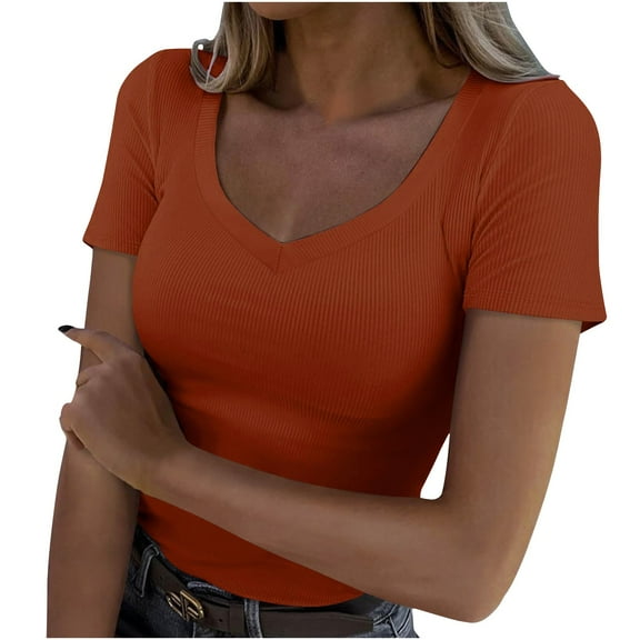 Posijego Going out T Shirts for Women Ribbed Short Sleeve Tight Tee Tops V Neck Summer Casual T-Shirts