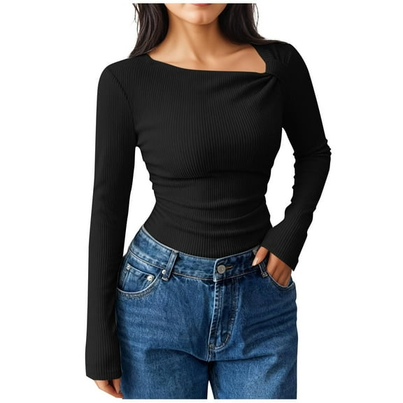 Posijego Going out Tops for Women Ribbed Long Sleeve Shirts Strenth Slim Basic T-Shirts Trendy Clothes