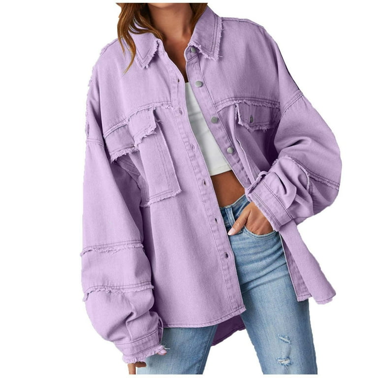Posijego Jean Jacket for Women Plus Size Button Denim Jacket Street Boyfriend Long Sleeve Shirt with Pockets Walmart
