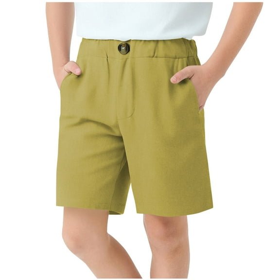 Posijego Kids Cotton Linen Shorts 4-14 Years Boys Girls High Waist Straight Leg Casual Shorts with Pockets