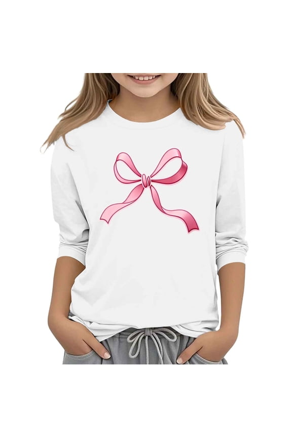 Kids Girls 3/4 Length Sleeve Shirts Cute Print T-Shirts for Girls Causal Crew Neck Basic Tee Tops