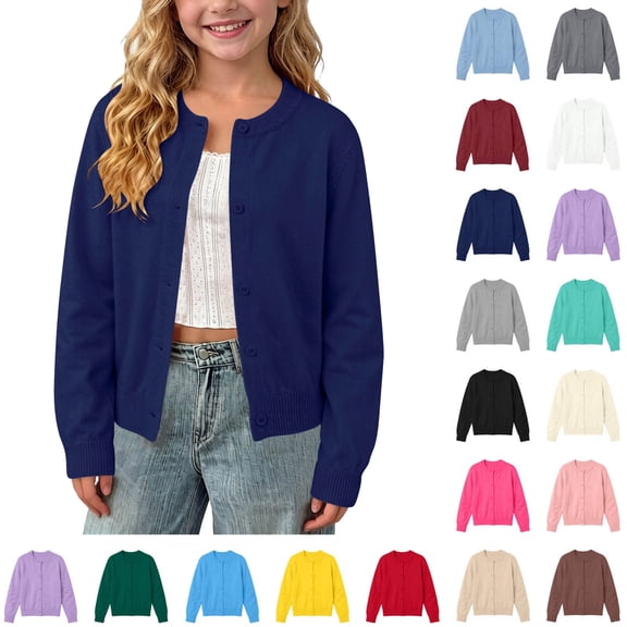 Posijego Kids Girls Cardigan Sweaters Uniform Tops Lightweight Cardigans Knit Long Sleeve Open Front School Uniform Sweaters