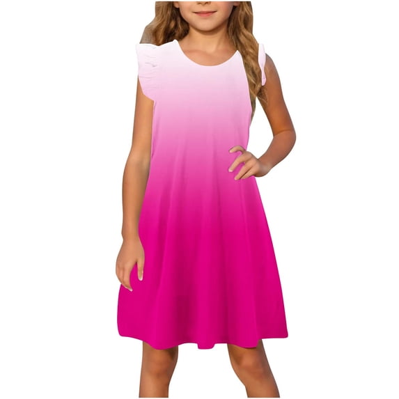 Posijego Kids Girls Ruffle Dresses Solid Color Casual Summer A-Line Swing Beach Vacation Sun Dress 4-14 Years