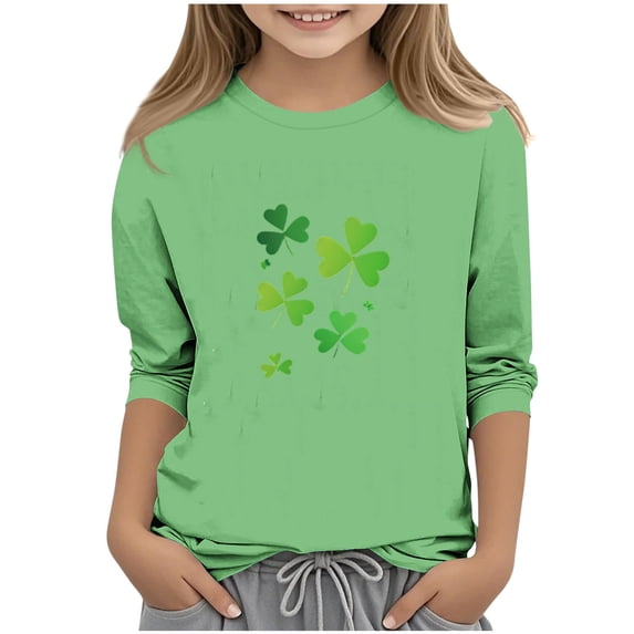 Posijego Kids St Patrick's Day Tops Clover Graphic T-Shirts Girls 3/4 Length Sleeve Shirt Tees for Boys