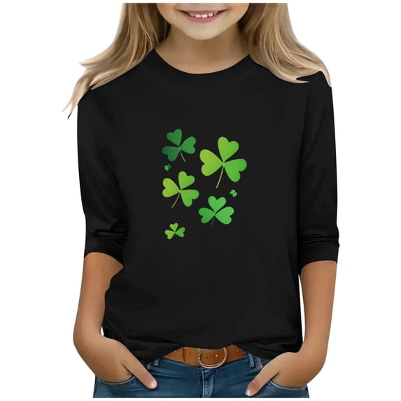 Posijego Kids St Patrick's Day Tops Clover Graphic T-Shirts Girls 3/4 Length Sleeve Shirt Tees for Boys